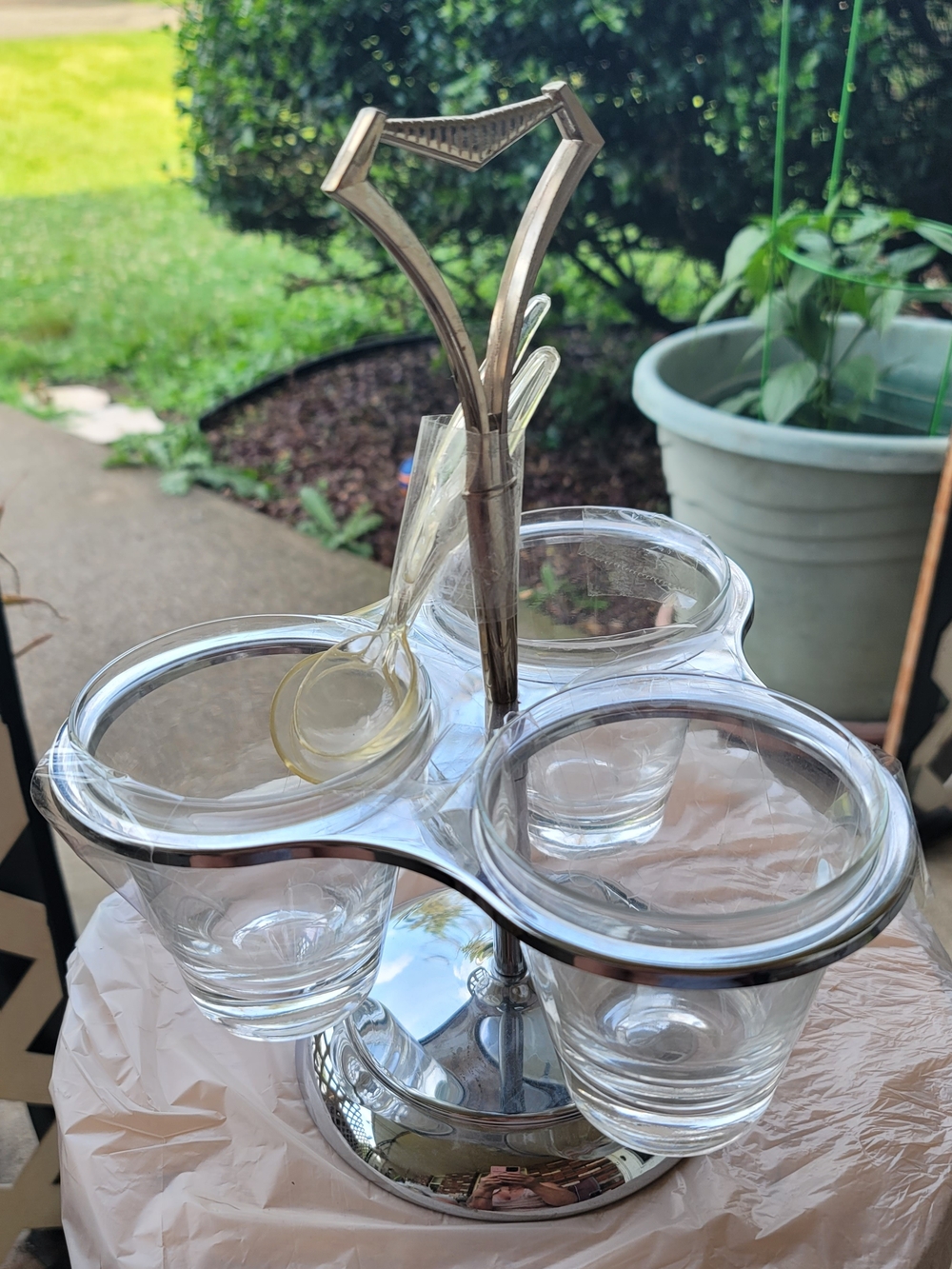 Vintage Kromex "Lazy Susan" With Clear Glass Triple Server Chrome Stand